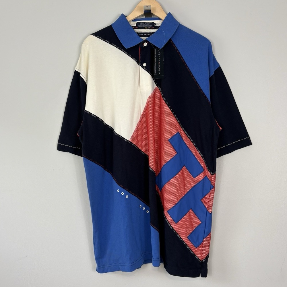 NWT Vtg Tommy Hilfiger Mens Sz XXL Polo Big Logo TH Colorblock Short Sleeve